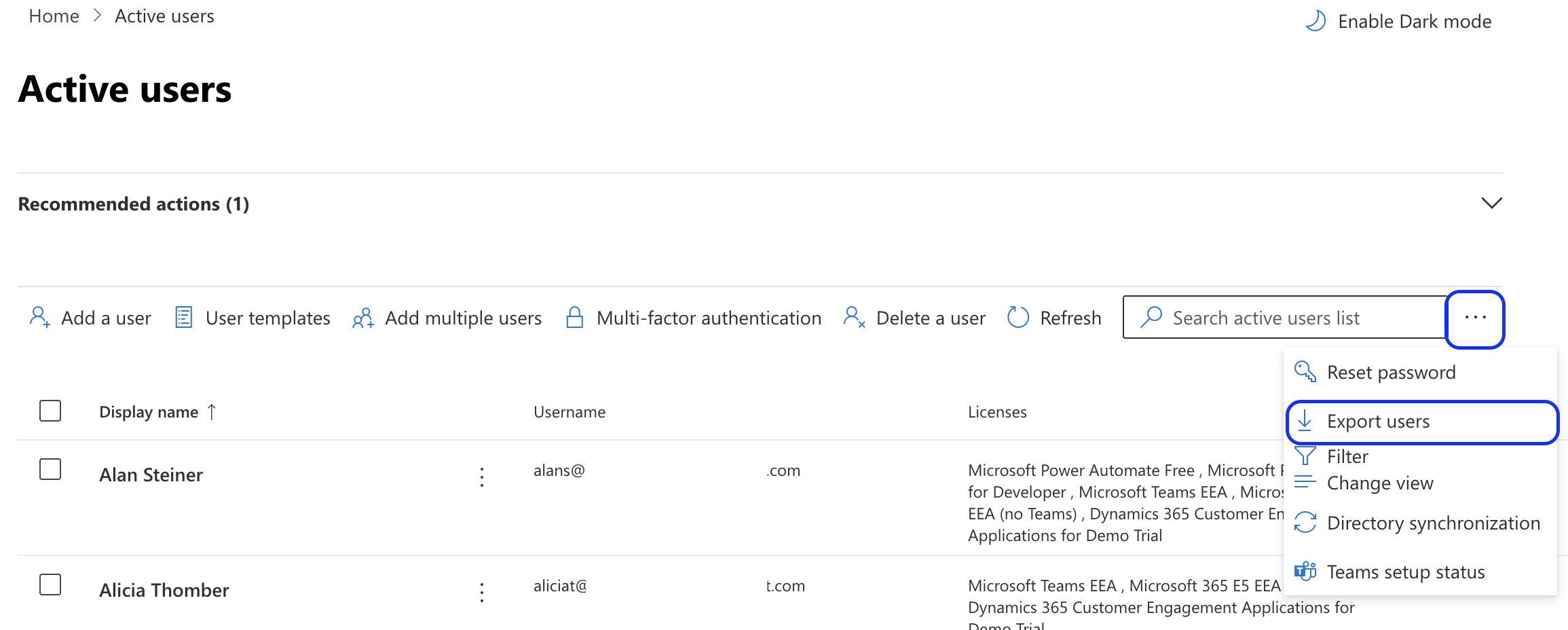 Microsoft 365 Admin Center showing the Export users option